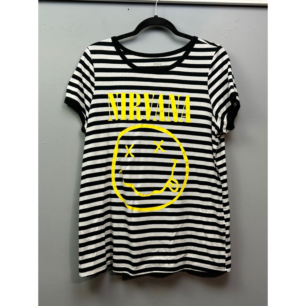 Nirvana Smiley Face Graphic T-Shirt Black White‎ Striped Band Tee Top